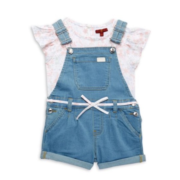 NEW Little Girl's 2-Piece Floral Top & Denim Shortalls Set 4T - Picture 3 of 14